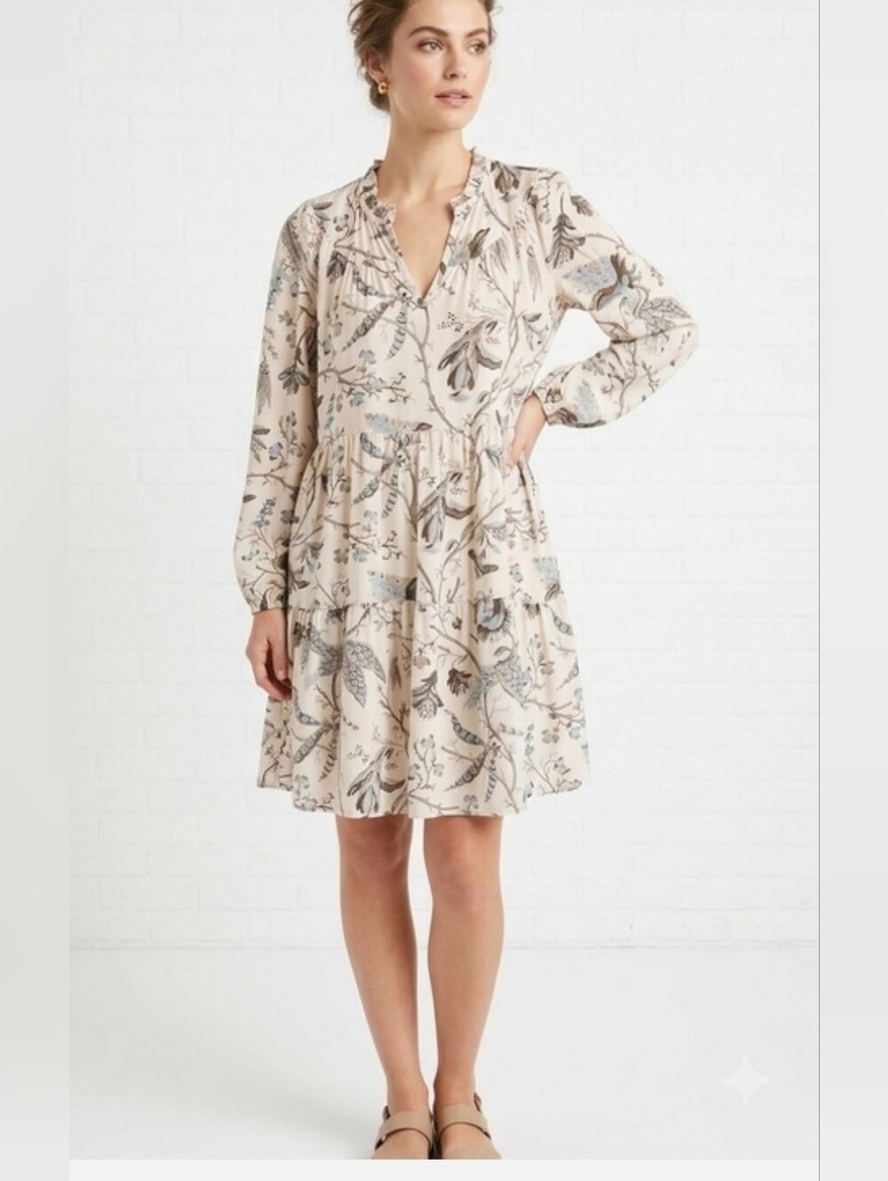 Spartina 449 Catalina Cream Floral Tiered Long-Sleeve Dress